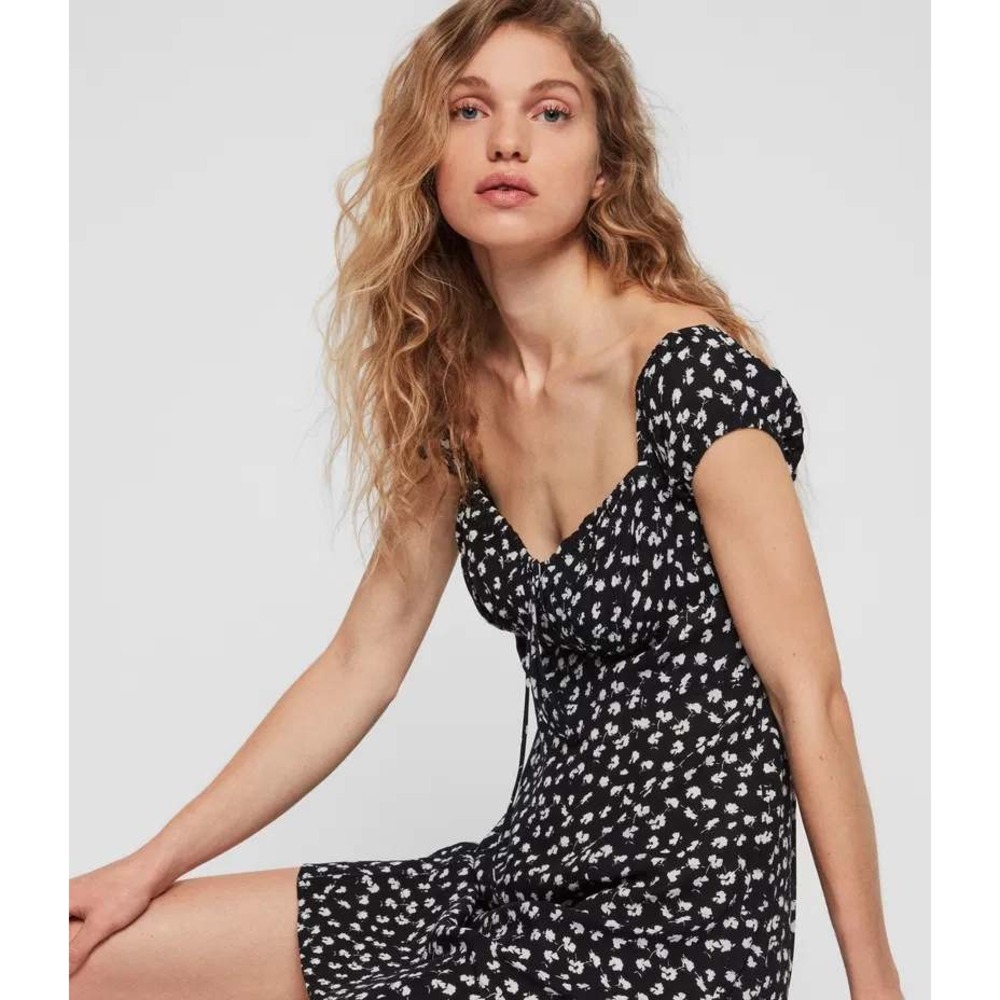 AllSaints Kana Scatter Dress Ditsy Floral Mini Sweetheart Black White US6 Grunge